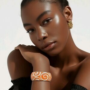 Bold Retro Orange & Cream Swirl Enamel Hinge Cuff Bracelet 1 Inch Wide